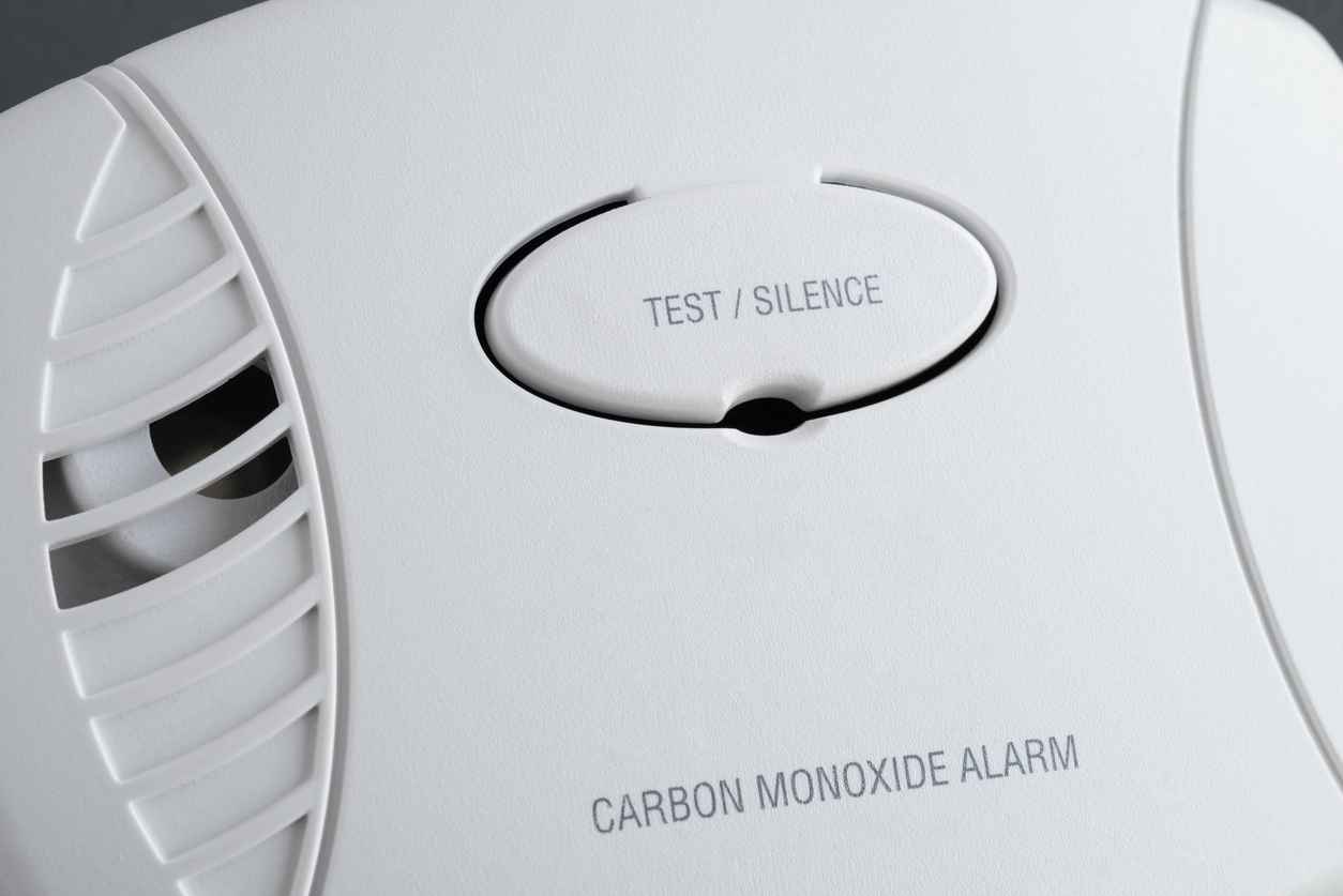 Test/Silence (mute) button on a household carbon monoxide alarm detector.