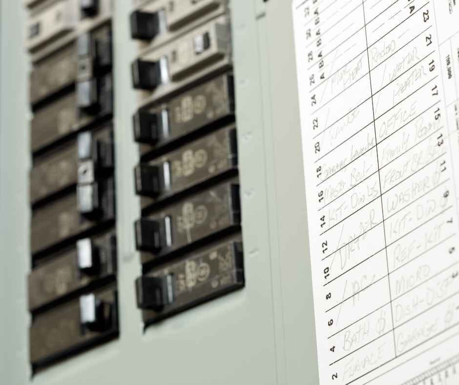 A breaker box with labels on the door