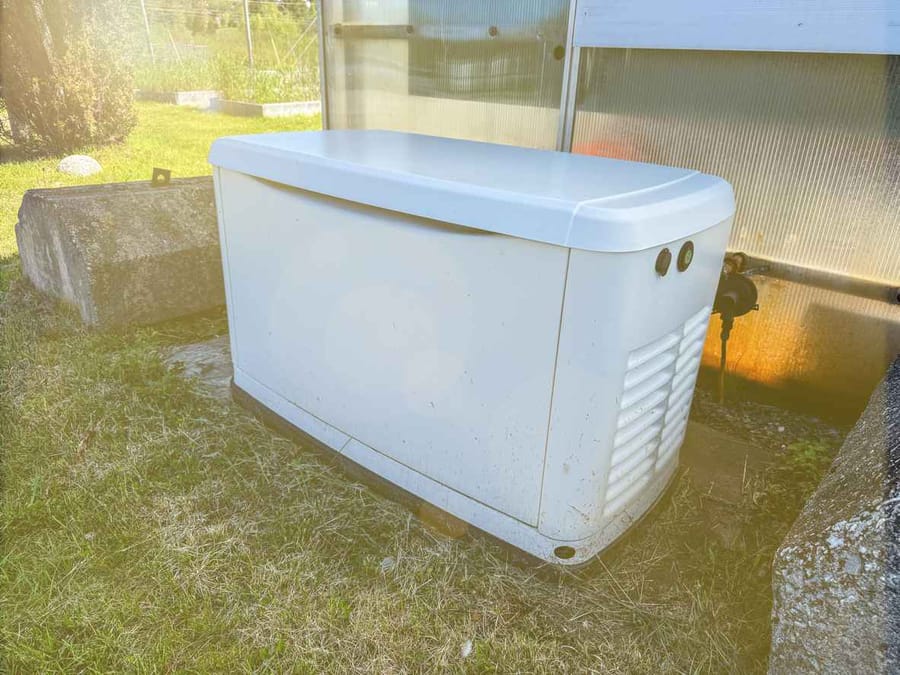 A Home Standby Generator installed at the backyard of a house. An air-cooled natural gas or liquid propane generator for residential use.