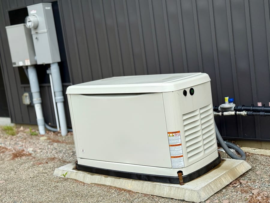 Whole home generator on a concrete slab outside of a house