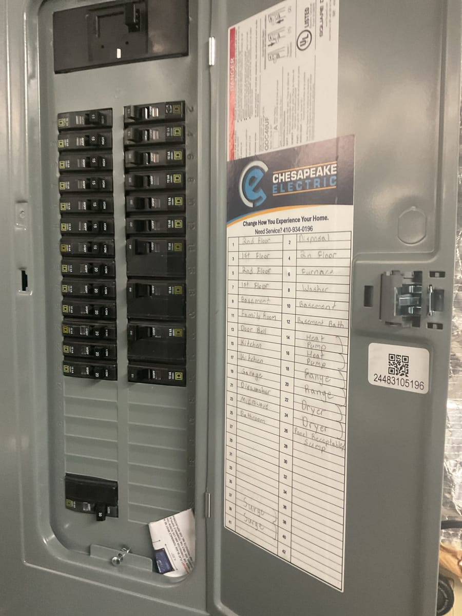 Service panel being worked on in home with Chesapeake Electric logo visible on the inside of the panel