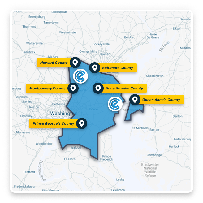 Map of the Washington, DC metro area highlighting six counties with yellow labels: Howard, Montgomery, Prince George's, Anne Arundel, Baltimore, and Queen Anne's County, and blue county outlines with pin markers on each label.